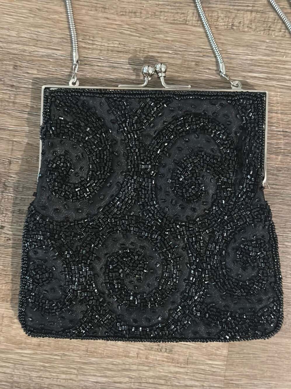 Indeed Black Beaded Evening Clutch Bag with Silver Tone Chain